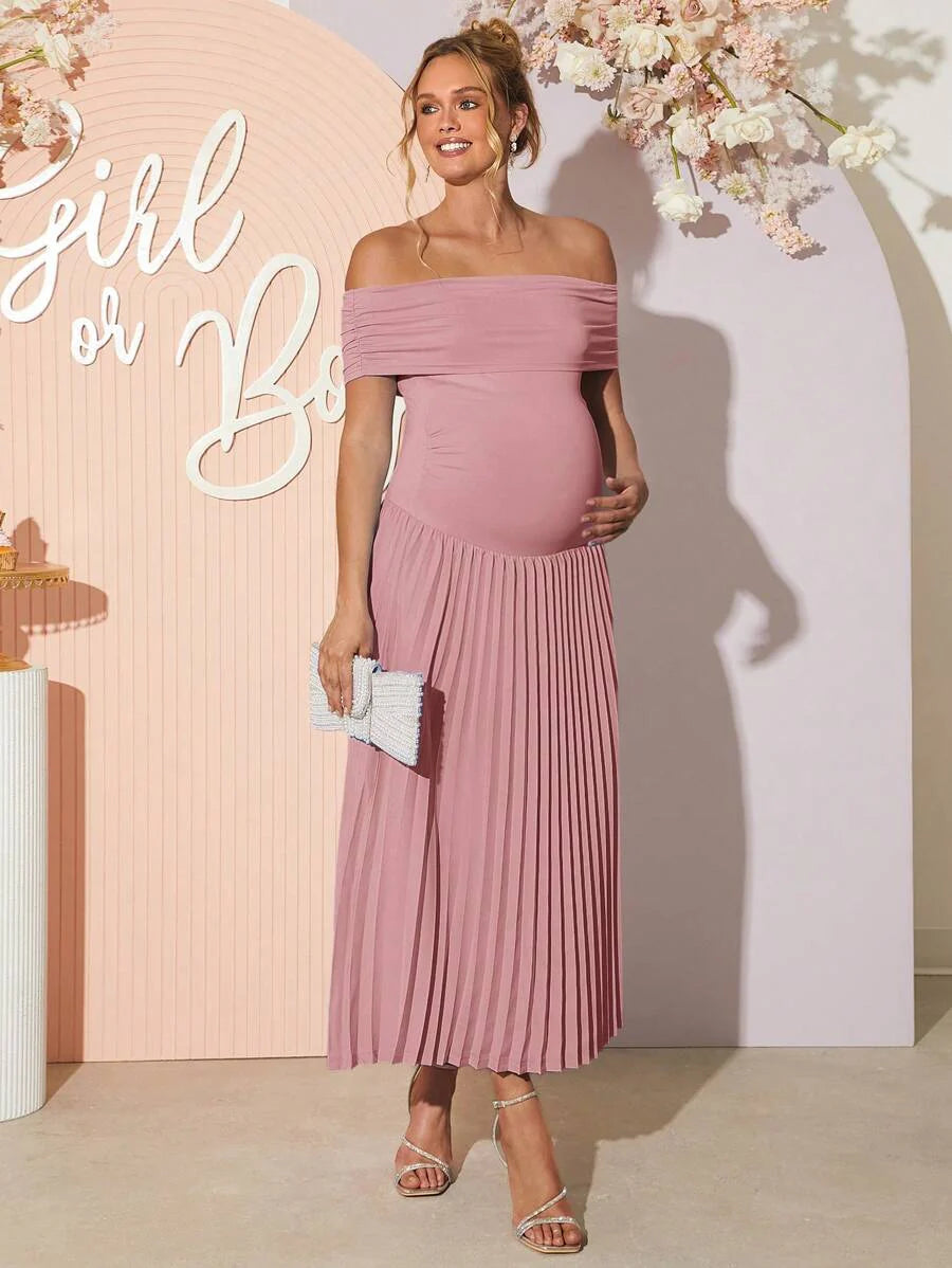 Maternity Off Shoulder Ruched Hem Dress - Elegant Solid Color Slim Fit Bodycon Gown for Baby Shower, Gender Reveal & Photoshoot