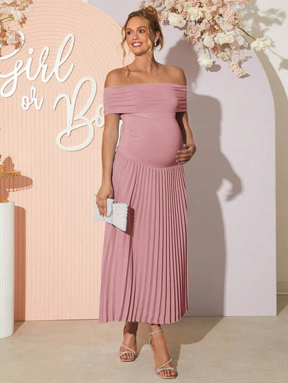Maternity Off Shoulder Ruched Hem Dress - Elegant Solid Color Slim Fit Bodycon Gown for Baby Shower, Gender Reveal & Photoshoot