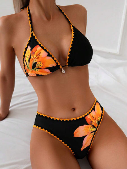 Women's 2-Piece Floral Halter Bikini Set - Triangle Cup, Low Waist, Multicolor