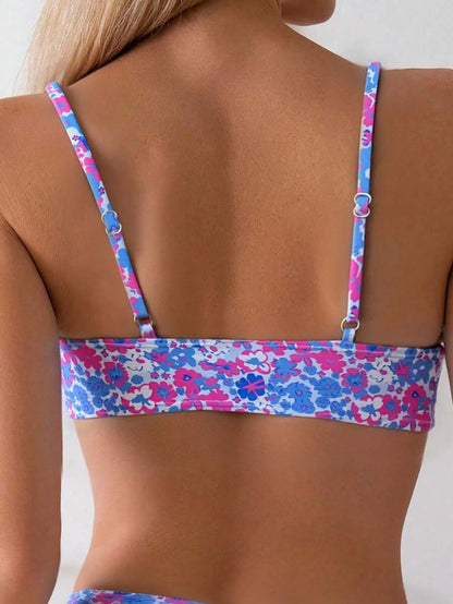 Women's Ditsy Floral Bikini Set - Ruched Spaghetti Strap, Hipsters, High Waist, Multicolor