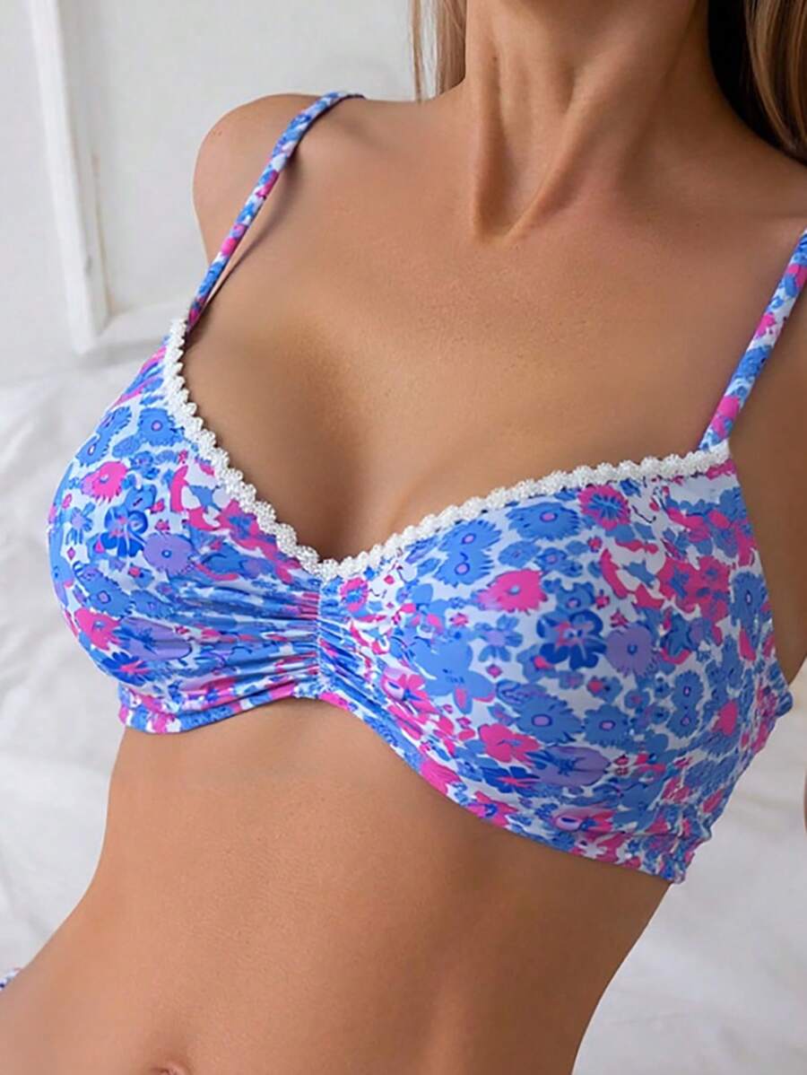 Women's Ditsy Floral Bikini Set - Ruched Spaghetti Strap, Hipsters, High Waist, Multicolor