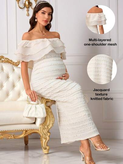 Elegant Maternity Off-Shoulder Ruffle Hem Dress  Elegant Dresses For Women