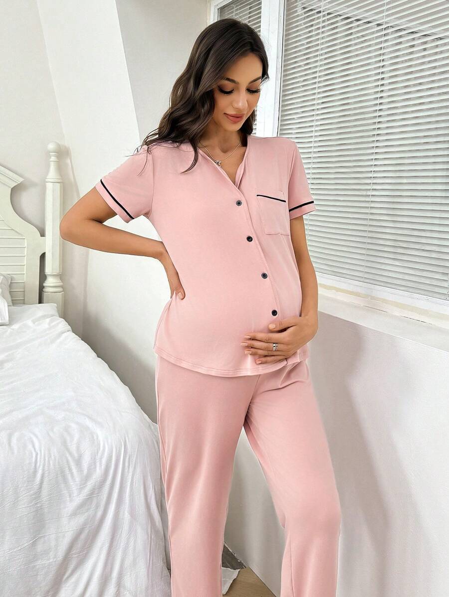 Maternity Button Front Shirt and Pants Loungewear Set Women Casual Sleepwear