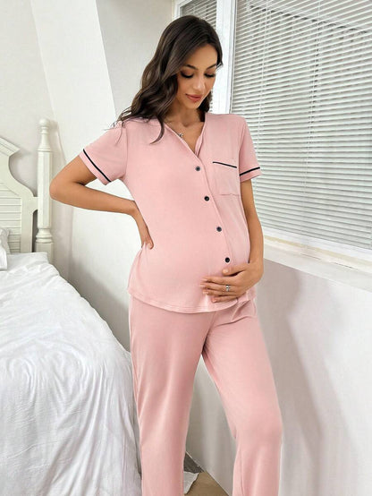 Maternity Button Front Shirt and Pants Loungewear Set Women Casual Sleepwear
