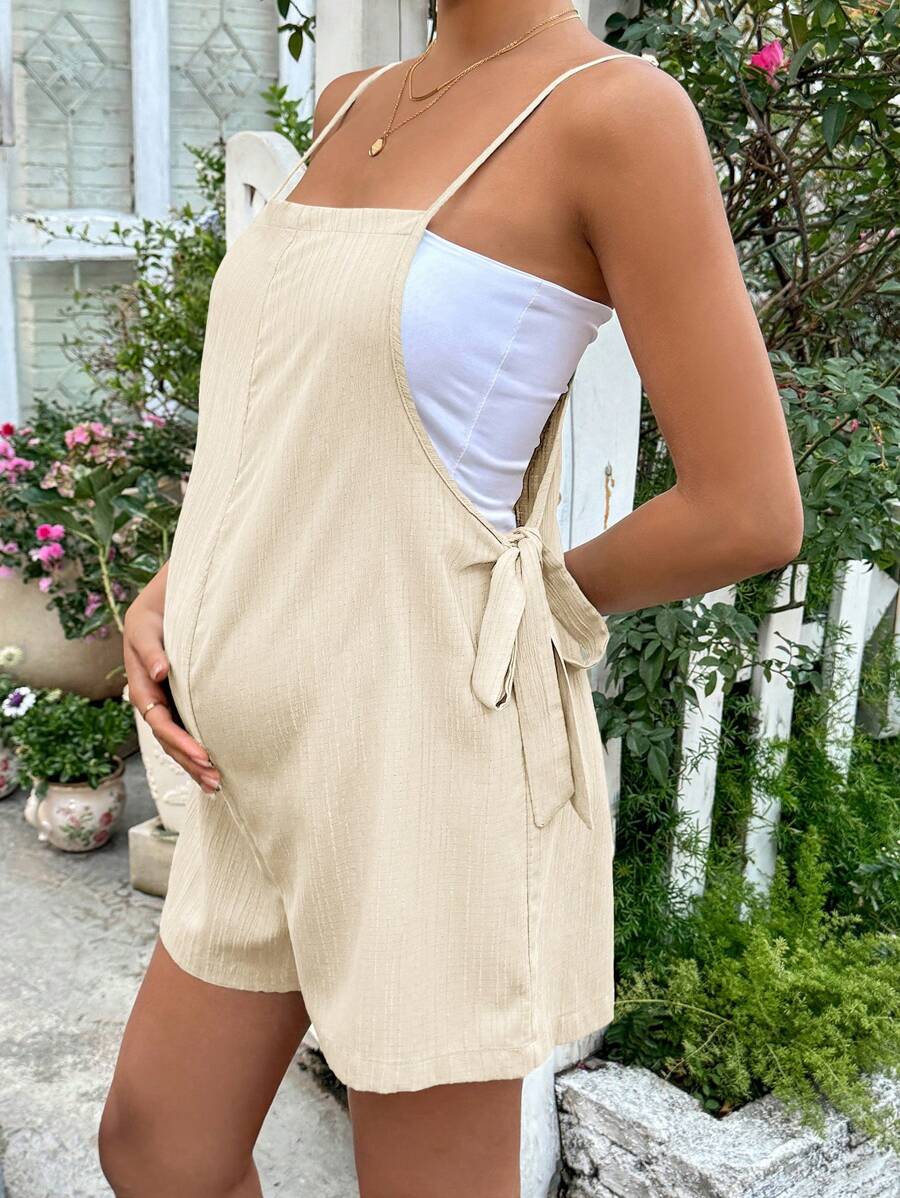 Grey Striped Maternity Romper with Spaghetti Straps and Side Tie Waist - Casual Loose Fit Summer Beach Maternity Jumpsuit