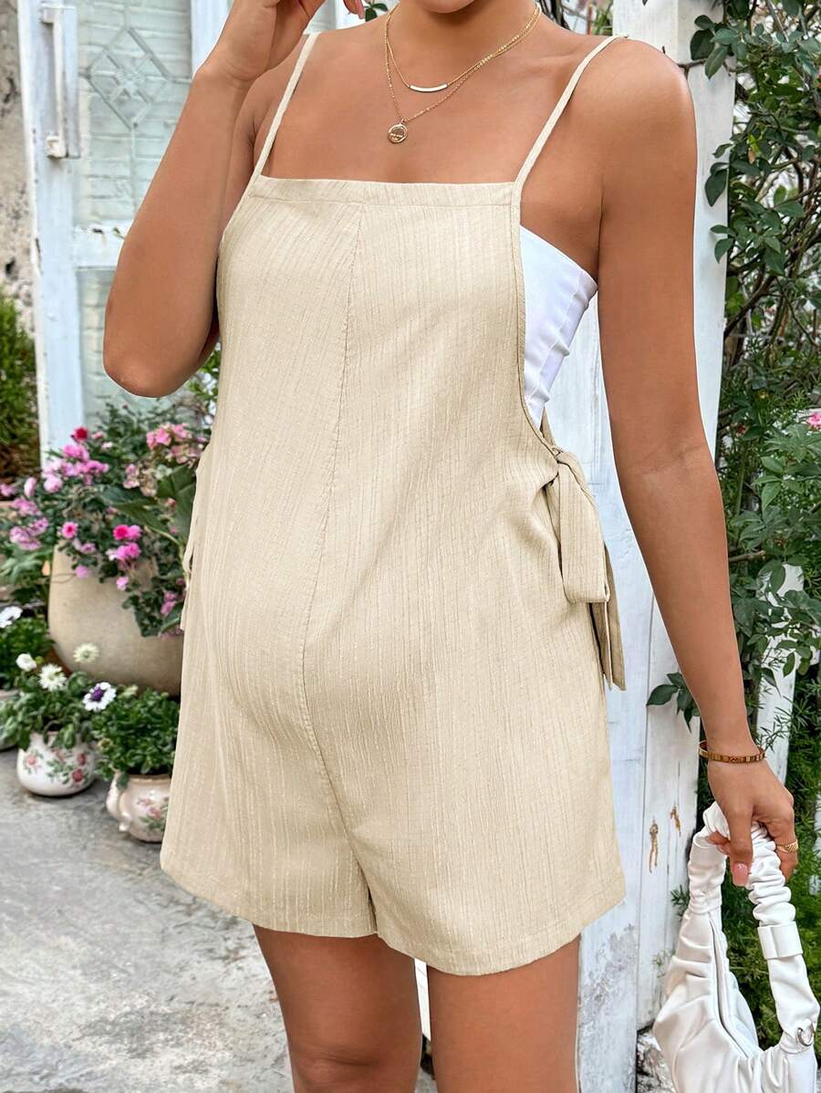 Grey Striped Maternity Romper with Spaghetti Straps and Side Tie Waist - Casual Loose Fit Summer Beach Maternity Jumpsuit