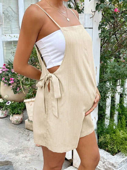 Apricot Spaghetti Strap Maternity Jumpsuit - Casual Sleeveless Knot Front Loose Fit Short Summer Vacation Romper