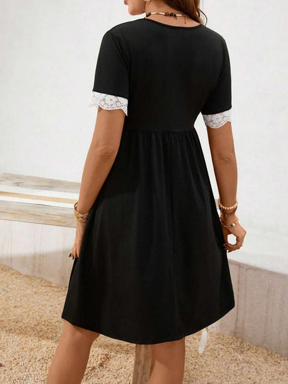 Maternity Nursing Dress - V-Neck Short Sleeve Contrast Lace, Pink