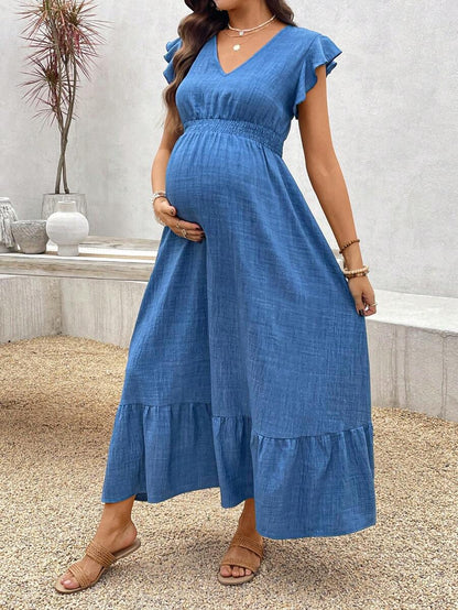 Women's Blue Maternity Deep V Neck A-Line Dress with Shirred High Waist and Ruffle Hem Cap Sleeve Long Casual Summer Gown