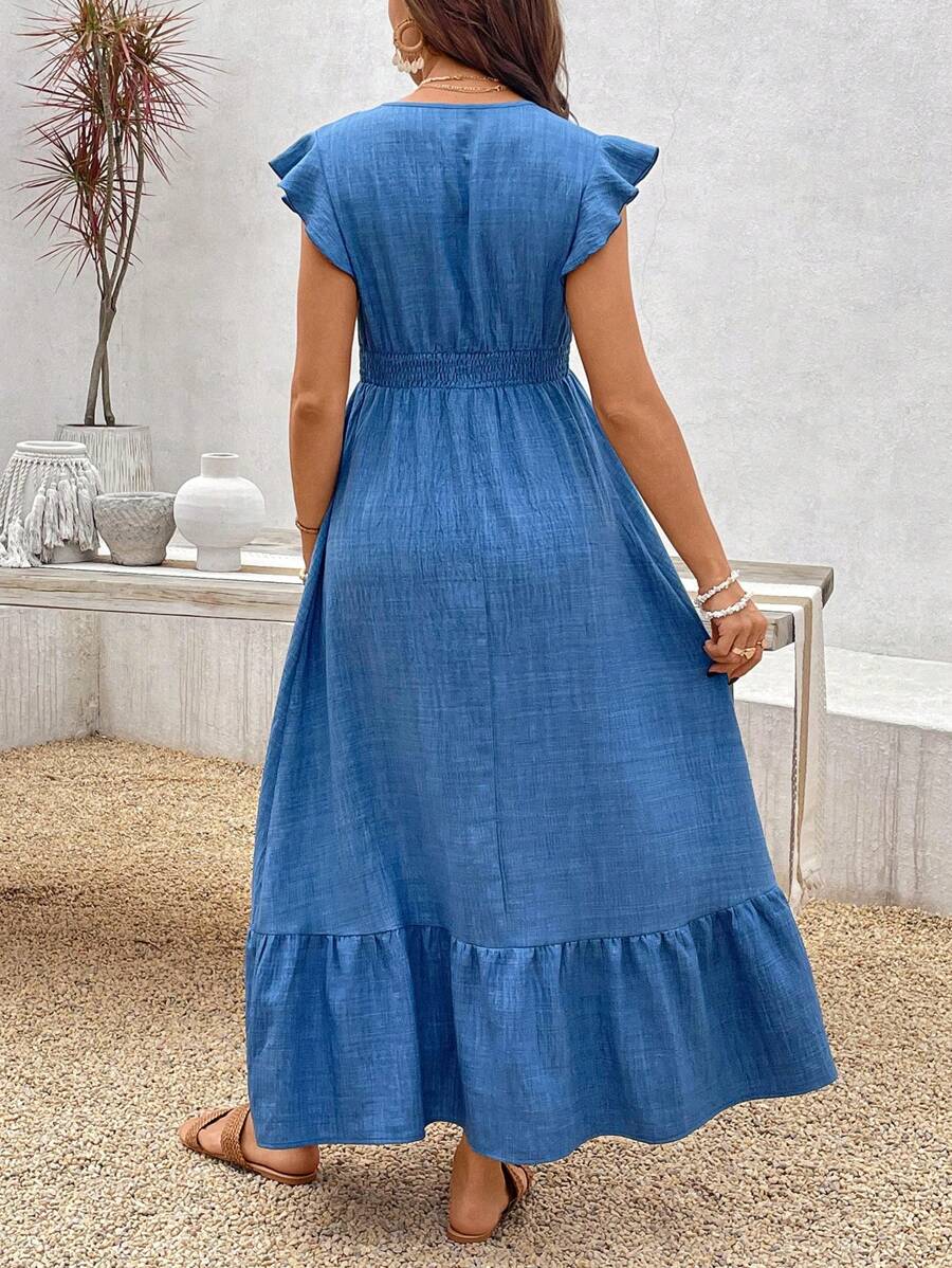 Women's Blue Maternity Deep V Neck A-Line Dress with Shirred High Waist and Ruffle Hem Cap Sleeve Long Casual Summer Gown