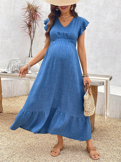 Women's Blue Maternity Deep V Neck A-Line Dress with Shirred High Waist and Ruffle Hem Cap Sleeve Long Casual Summer Gown