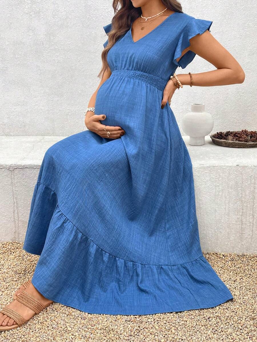 Women's Blue Maternity Deep V Neck A-Line Dress with Shirred High Waist and Ruffle Hem Cap Sleeve Long Casual Summer Gown