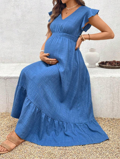 Women's Blue Maternity Deep V Neck A-Line Dress with Shirred High Waist and Ruffle Hem Cap Sleeve Long Casual Summer Gown