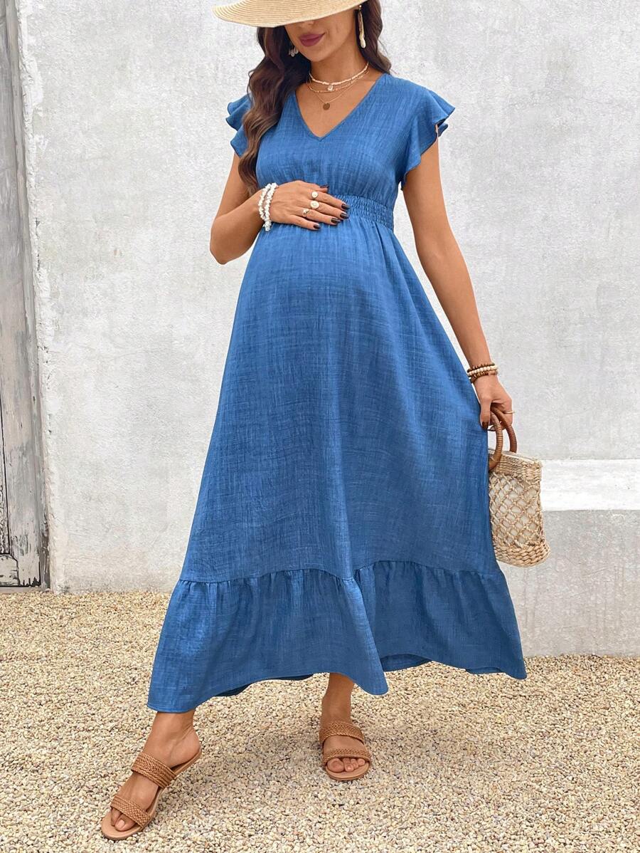 Women's Blue Maternity Deep V Neck A-Line Dress with Shirred High Waist and Ruffle Hem Cap Sleeve Long Casual Summer Gown