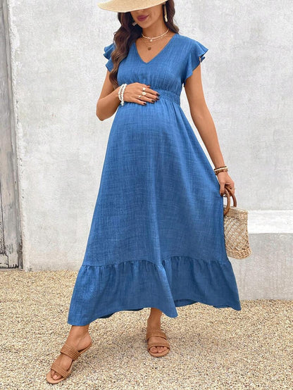 Women's Blue Maternity Deep V Neck A-Line Dress with Shirred High Waist and Ruffle Hem Cap Sleeve Long Casual Summer Gown