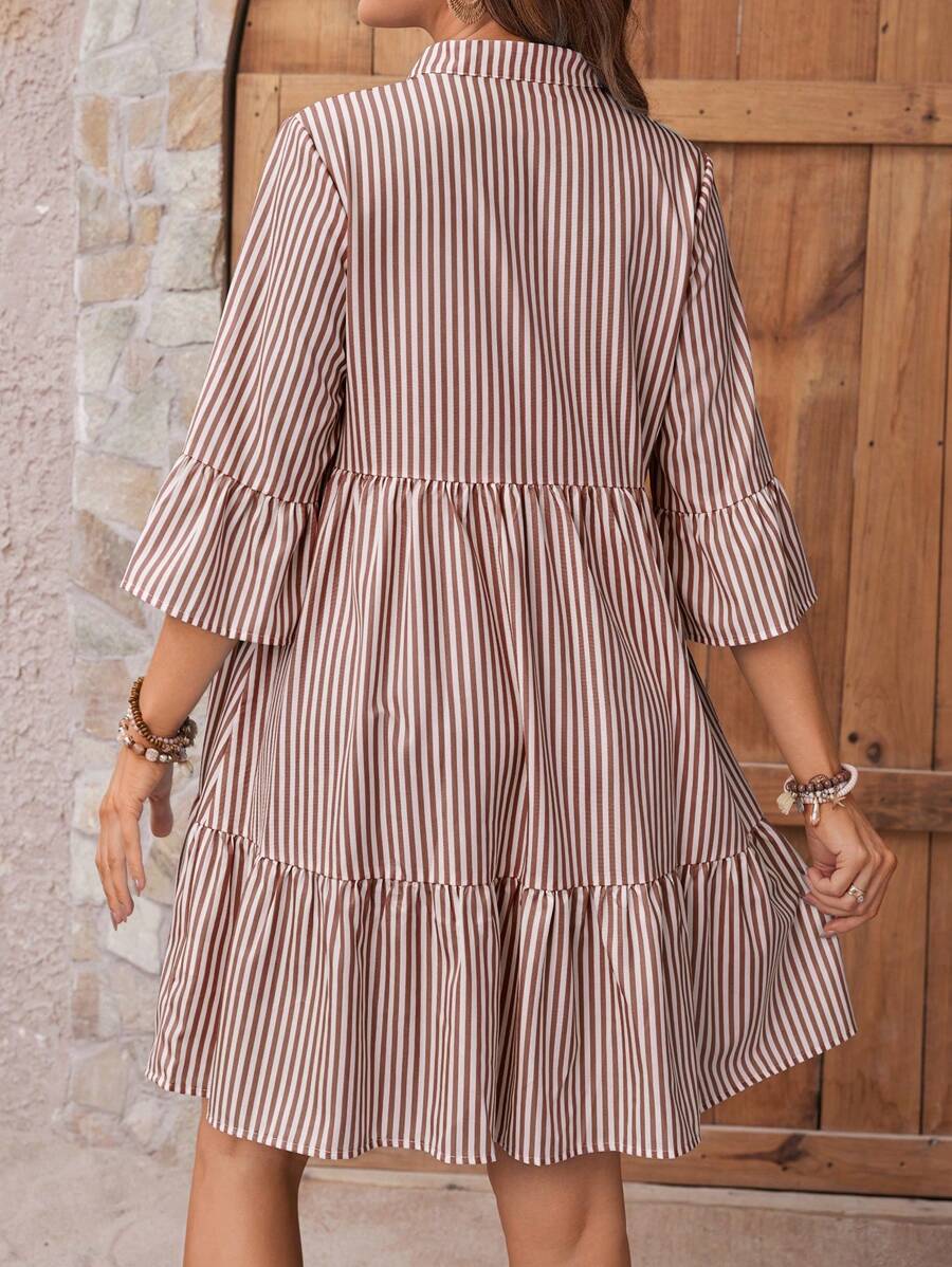 Maternity Striped Smock Dress - Notched Neck, Flounce Sleeve, High Waist, Navy Blue