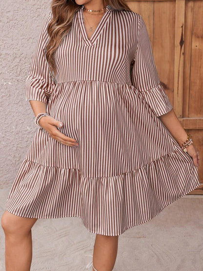 Maternity Striped Smock Dress - Notched Neck, Flounce Sleeve, High Waist, Navy Blue