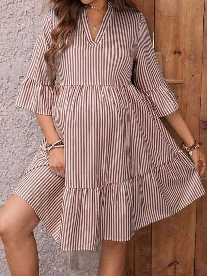 Maternity Striped Smock Dress - Notched Neck, Flounce Sleeve, High Waist, Navy Blue