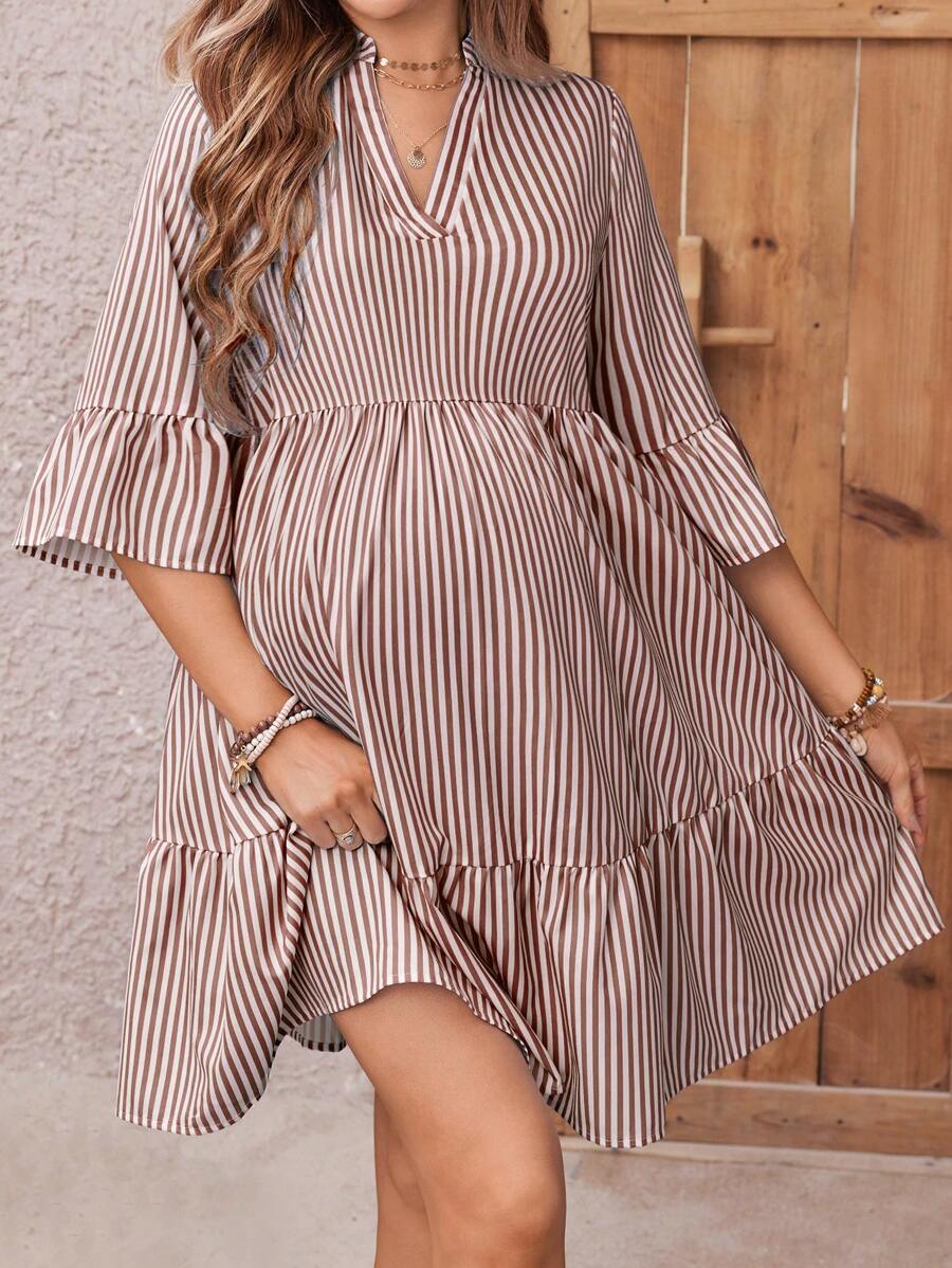 Maternity Striped Smock Dress - Notched Neck, Flounce Sleeve, High Waist, Navy Blue