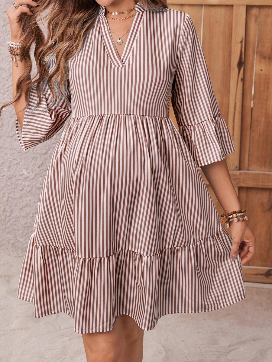 Maternity Striped Smock Dress - Notched Neck, Flounce Sleeve, High Waist, Navy Blue