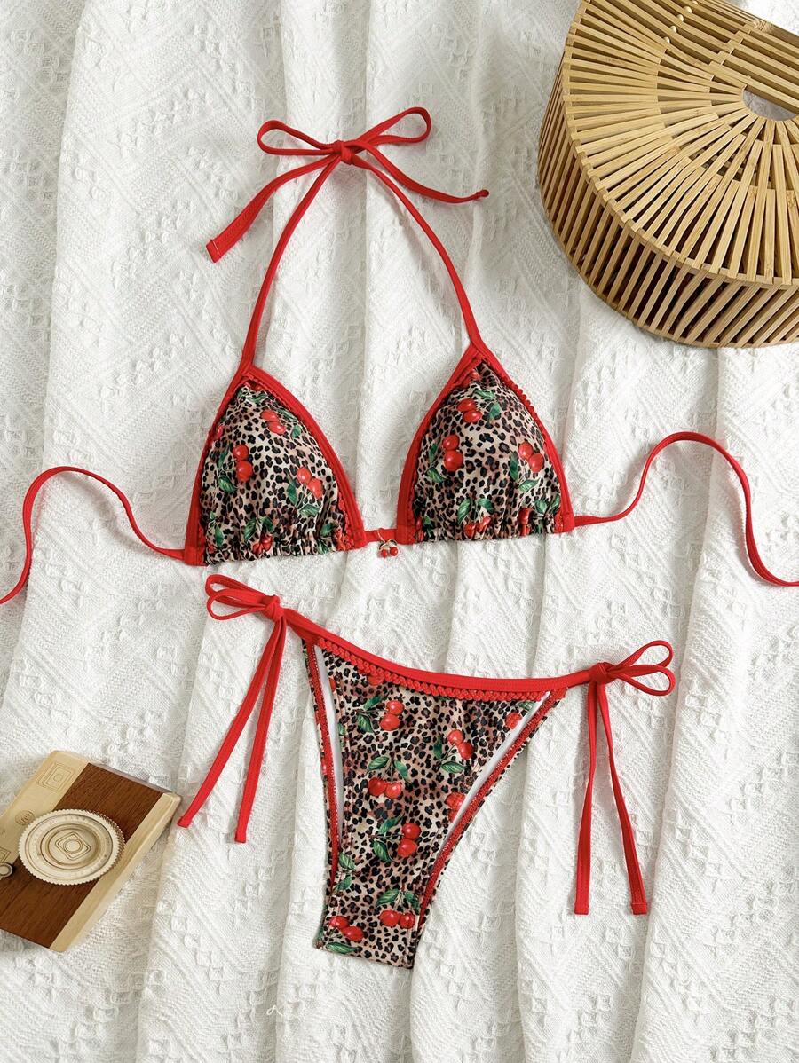 Women's 2-Piece Boho Halter Bikini Set - Tie Side, Floral Print, Blue and White