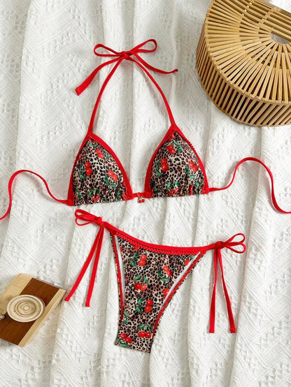 Women's 2-Piece Boho Halter Bikini Set - Tie Side, Floral Print, Blue and White