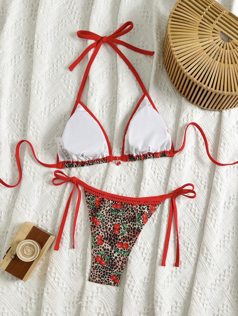 Women's 2-Piece Boho Halter Bikini Set - Tie Side, Floral Print, Blue and White