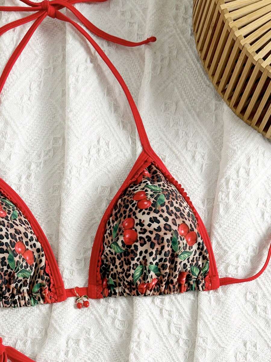 Women's 2-Piece Boho Halter Bikini Set - Tie Side, Floral Print, Blue and White