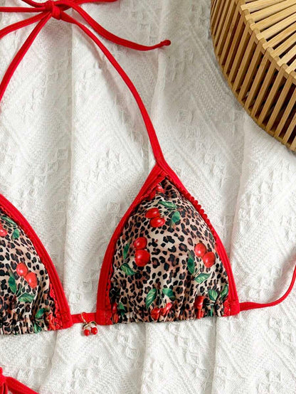 Women's 2-Piece Boho Halter Bikini Set - Tie Side, Floral Print, Blue and White