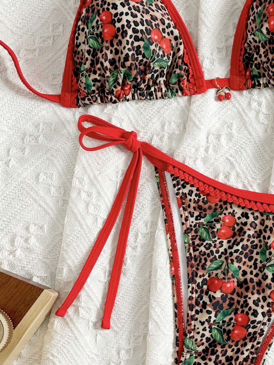Women's 2-Piece Boho Halter Bikini Set - Tie Side, Floral Print, Blue and White