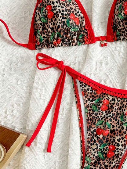 Women's 2-Piece Boho Halter Bikini Set - Tie Side, Floral Print, Blue and White