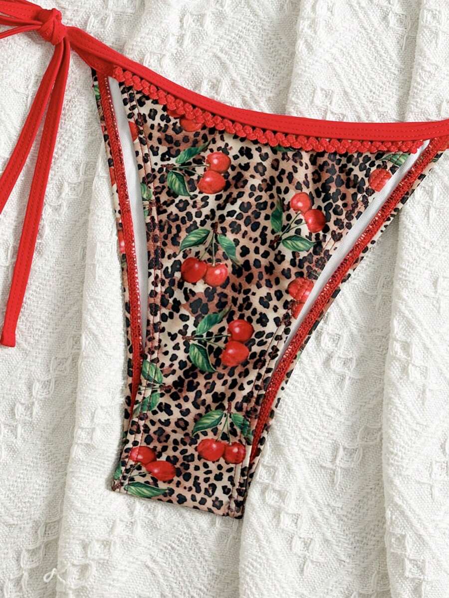 Women's 2-Piece Boho Halter Bikini Set - Tie Side, Floral Print, Blue and White