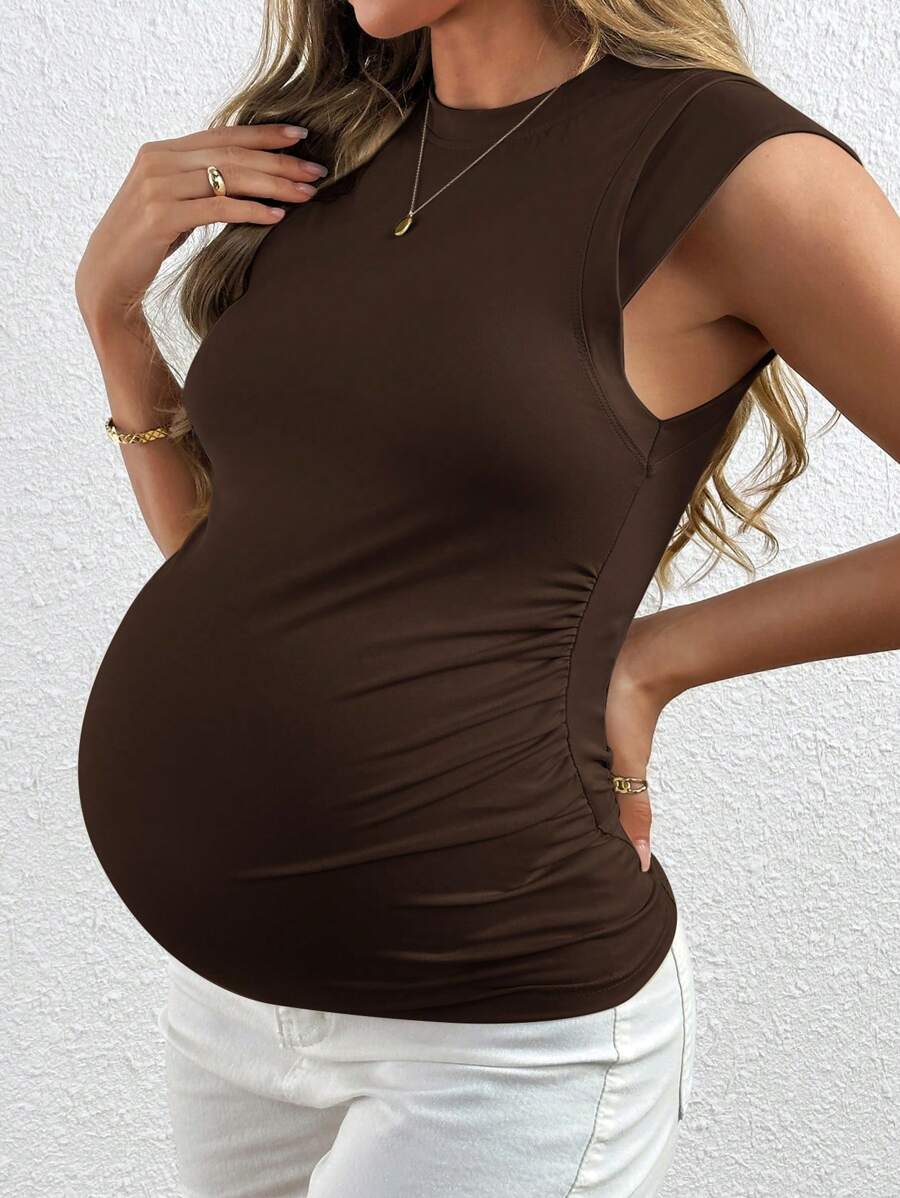 Coffee Brown Slim Fit Short Sleeve Knitted Tee - Casual Round Neck Textured Summer Top for Night Out and Daily Wear