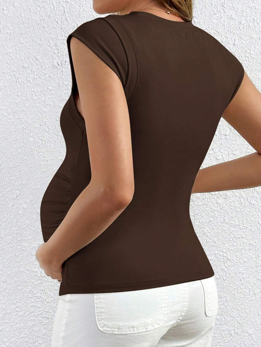 Coffee Brown Slim Fit Short Sleeve Knitted Tee - Casual Round Neck Textured Summer Top for Night Out and Daily Wear