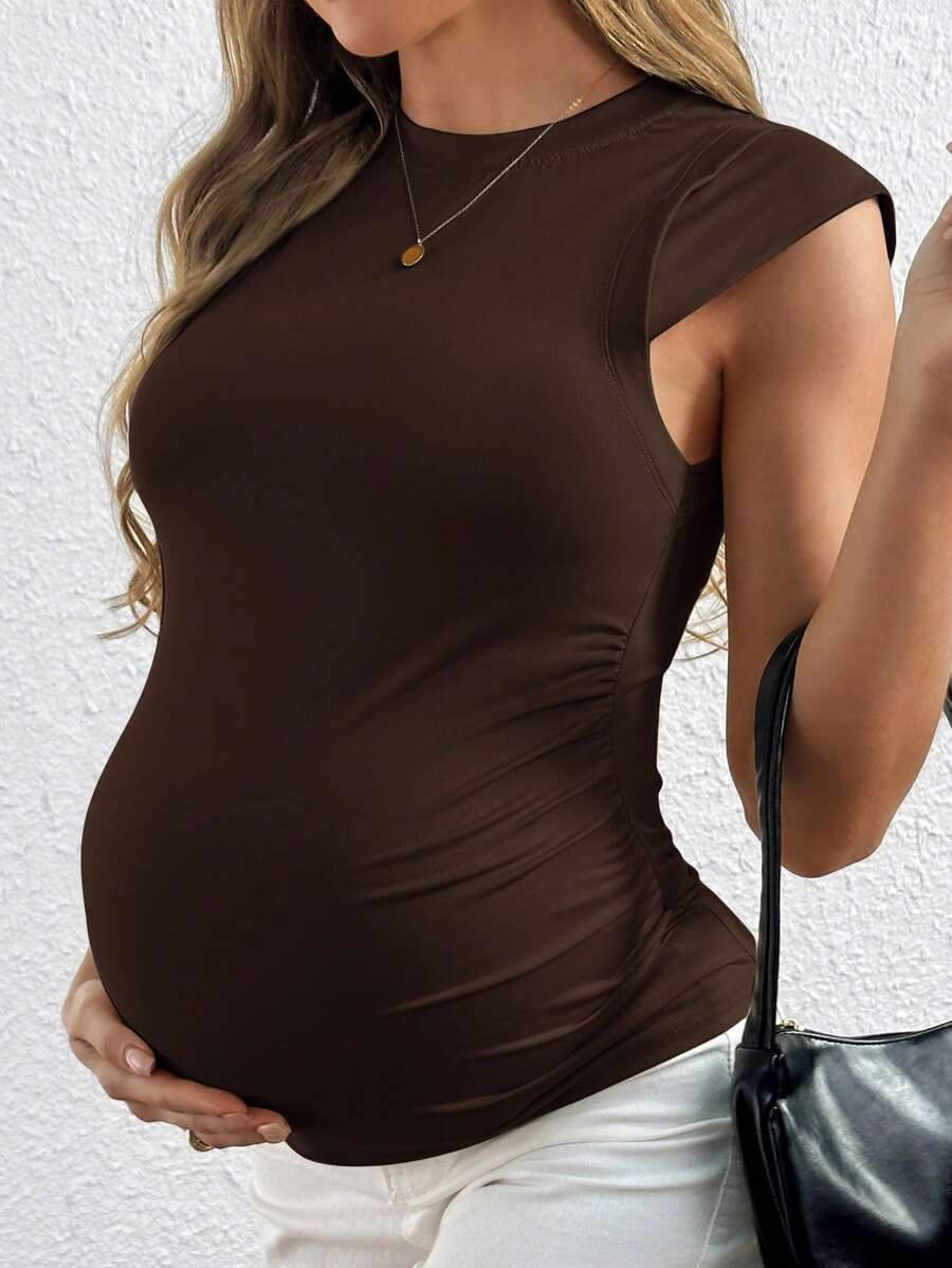 Coffee Brown Slim Fit Short Sleeve Knitted Tee - Casual Round Neck Textured Summer Top for Night Out and Daily Wear