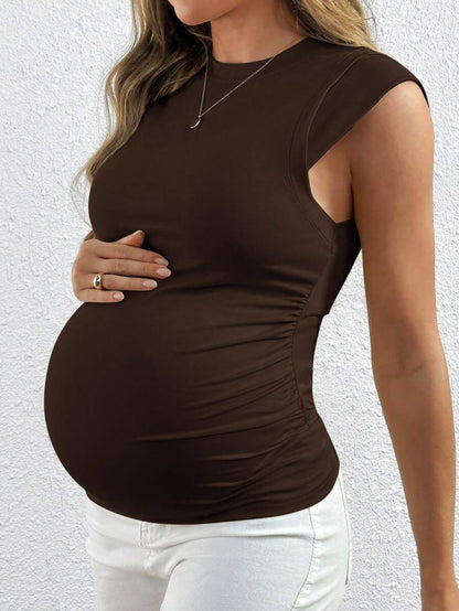 Coffee Brown Slim Fit Short Sleeve Knitted Tee - Casual Round Neck Textured Summer Top for Night Out and Daily Wear