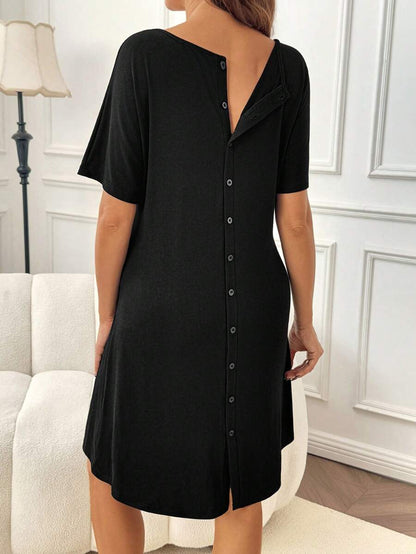 Slowluna Black V-Neck Short Sleeve Lounge Top - Loose Fit High Stretch Knitted Tunic - Comfortable Summer Pajama and Hospital Wear