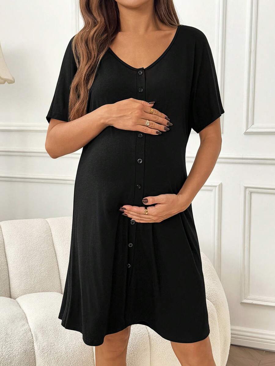 Slowluna Black V-Neck Short Sleeve Lounge Top - Loose Fit High Stretch Knitted Tunic - Comfortable Summer Pajama and Hospital Wear