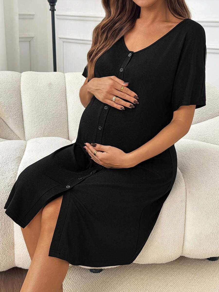 Slowluna Black V-Neck Short Sleeve Lounge Top - Loose Fit High Stretch Knitted Tunic - Comfortable Summer Pajama and Hospital Wear