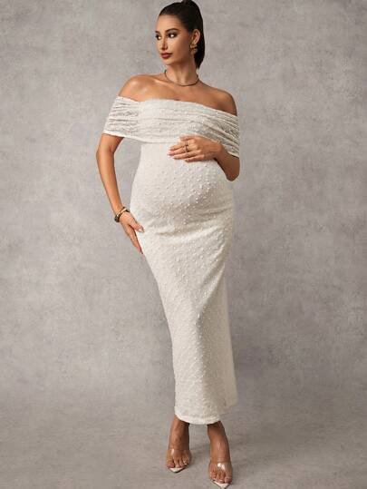 Maternity Off Shoulder Maxi Dress - Bodycon, Cap Sleeve, Apricot, Wedding