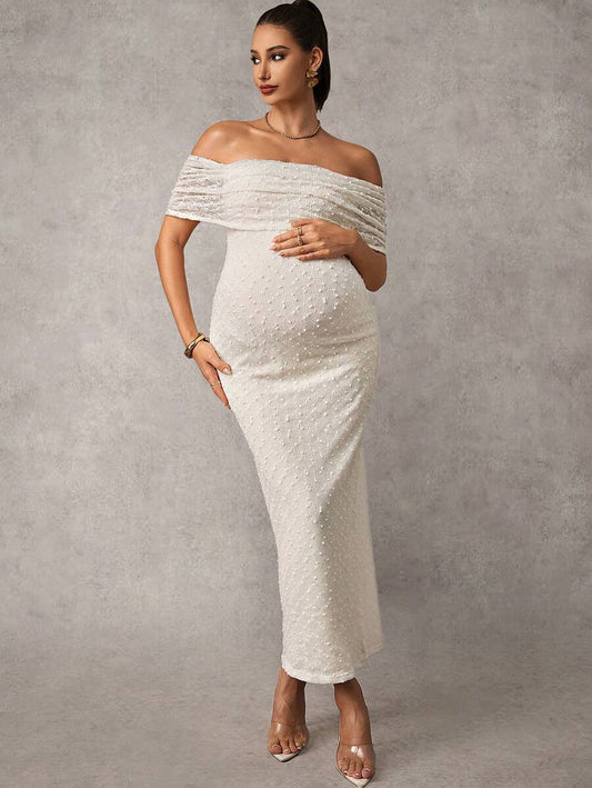 Maternity Off Shoulder Maxi Dress - Bodycon, Cap Sleeve, Apricot, Wedding