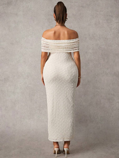 Maternity Off Shoulder Maxi Dress - Bodycon, Cap Sleeve, Apricot, Wedding