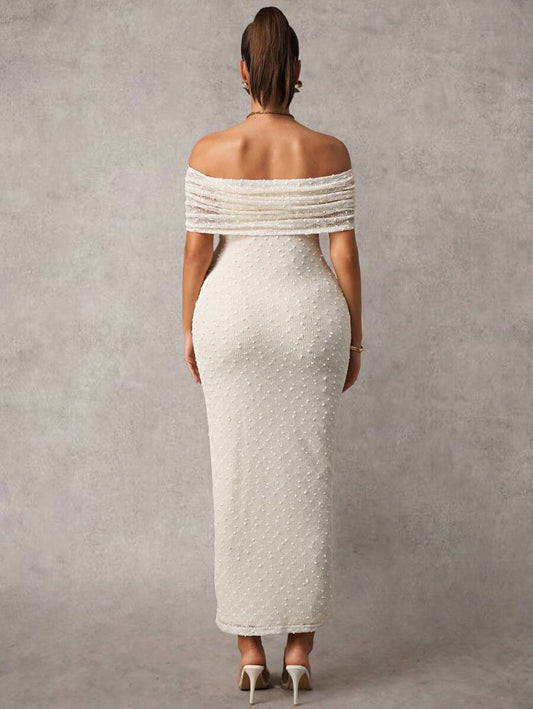 Maternity Off Shoulder Maxi Dress - Bodycon, Cap Sleeve, Apricot, Wedding