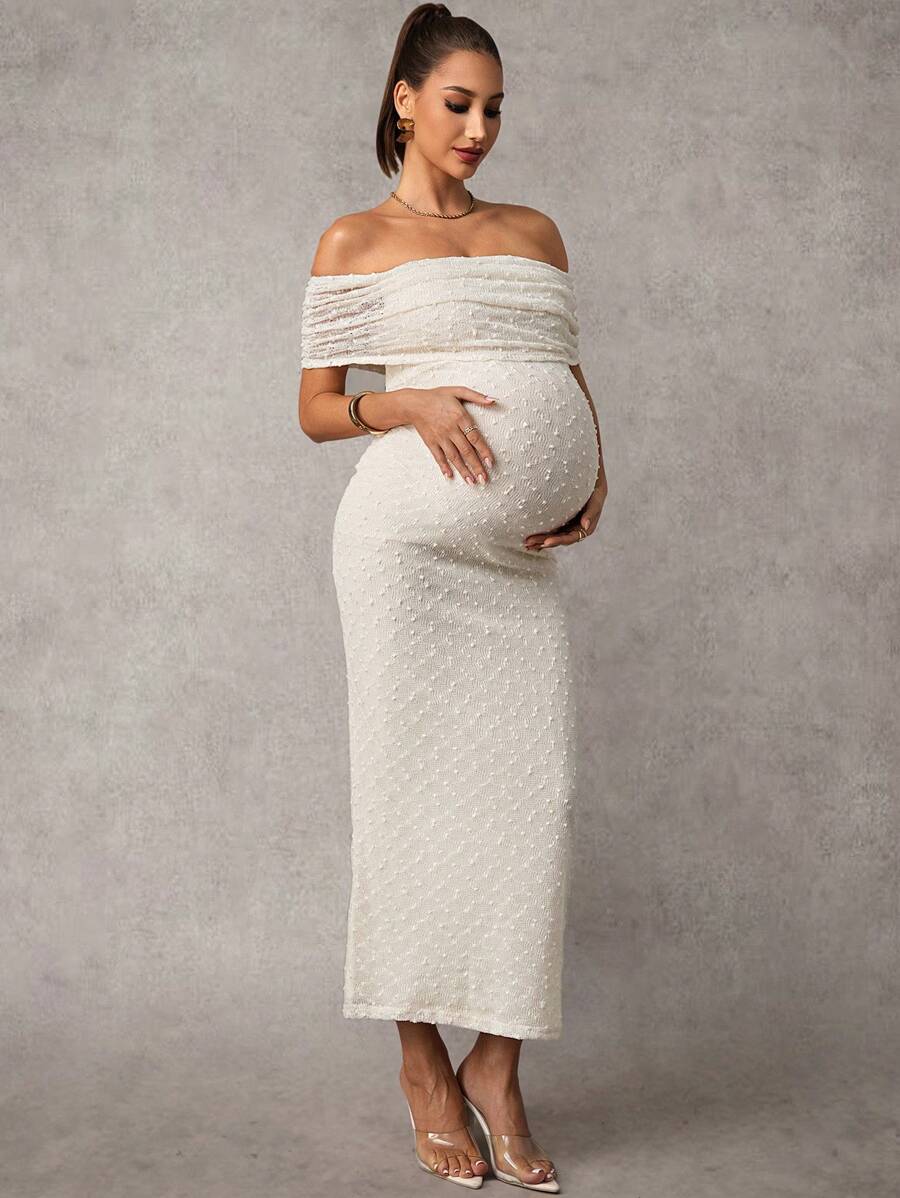 Maternity Off Shoulder Maxi Dress - Bodycon, Cap Sleeve, Apricot, Wedding