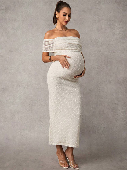 Maternity Off Shoulder Maxi Dress - Bodycon, Cap Sleeve, Apricot, Wedding