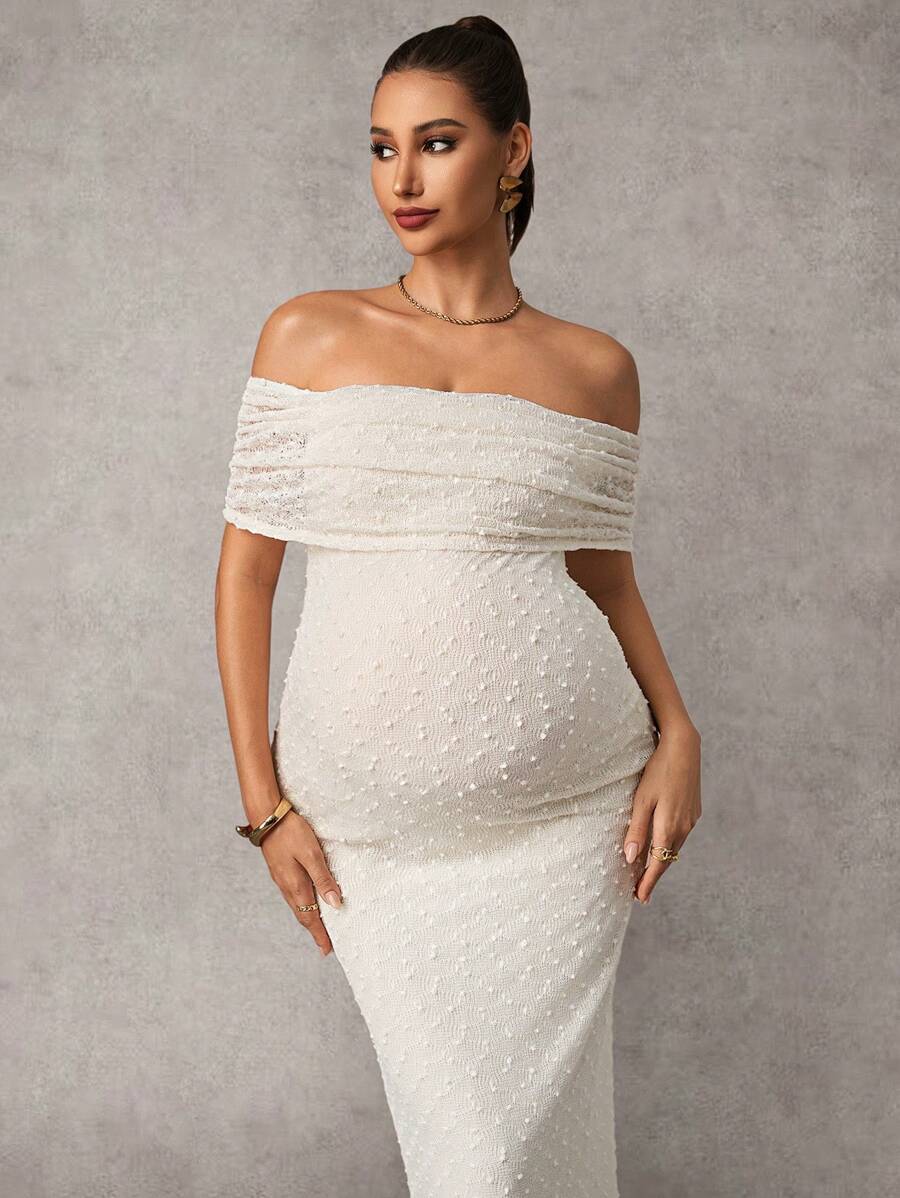Maternity Off Shoulder Maxi Dress - Bodycon, Cap Sleeve, Apricot, Wedding