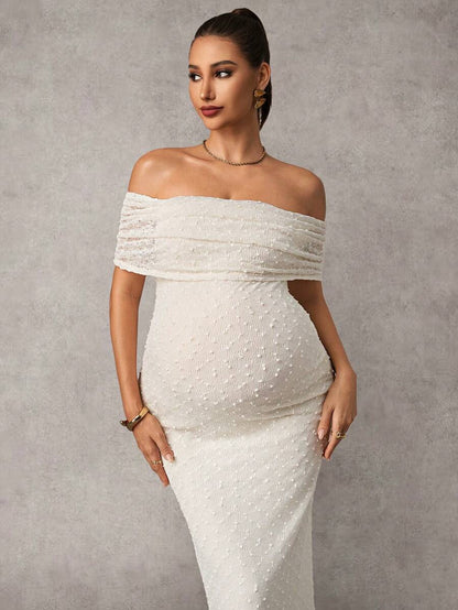 Maternity Off Shoulder Maxi Dress - Bodycon, Cap Sleeve, Apricot, Wedding