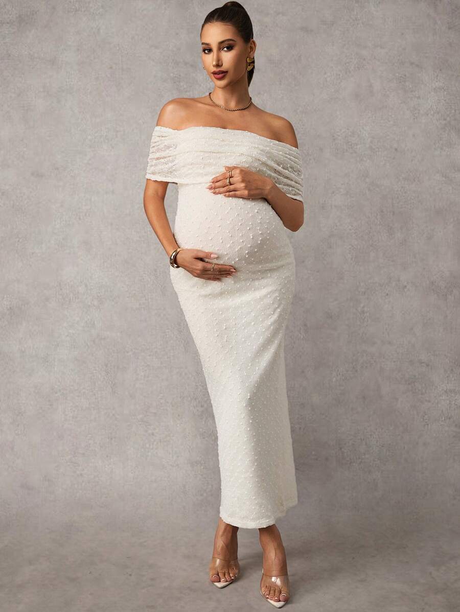 Maternity Off Shoulder Maxi Dress - Bodycon, Cap Sleeve, Apricot, Wedding