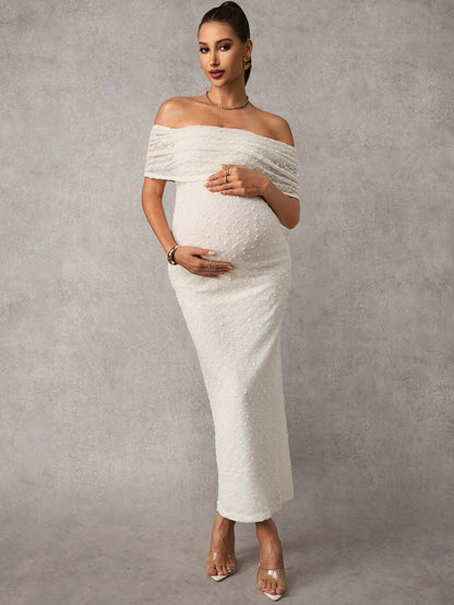 Maternity Off Shoulder Maxi Dress - Bodycon, Cap Sleeve, Apricot, Wedding