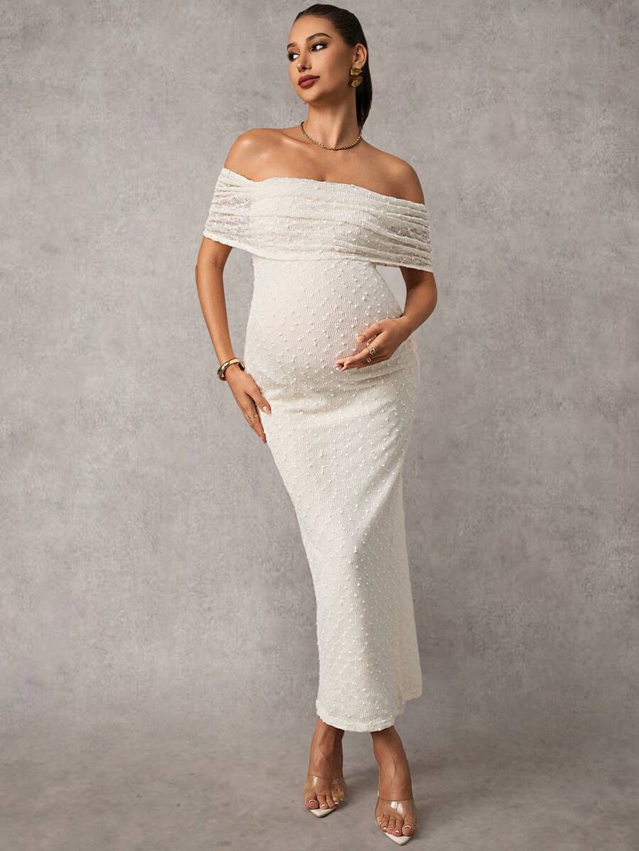 Maternity Off Shoulder Maxi Dress - Bodycon, Cap Sleeve, Apricot, Wedding